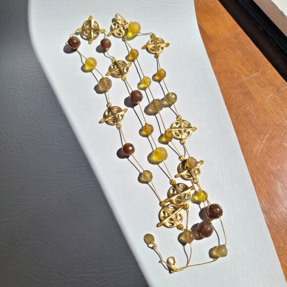 Anne Klein Couture Cross Gold Tone Necklace Frosted Glass Yellow Beads 1980s 90s
